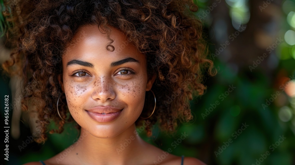 A young woman with curly hair smiles joyfully amidst lush greenery on a sunny summer day. Generative AI A young woman with curly hair smiles joyfully amidst lush greenery on a sunny summer day. Generative AI