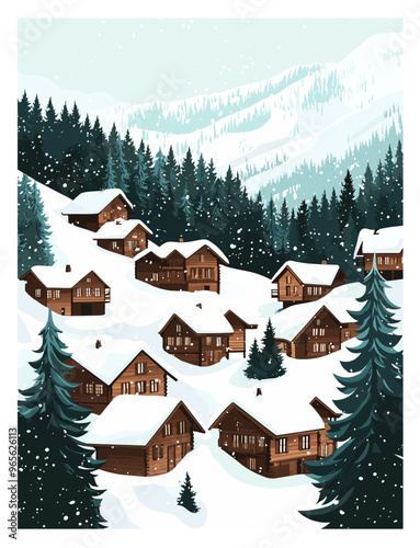 Snowy Mountain Village with Wooden Chalets and Pine Trees, Alpe village - Vector Illustration