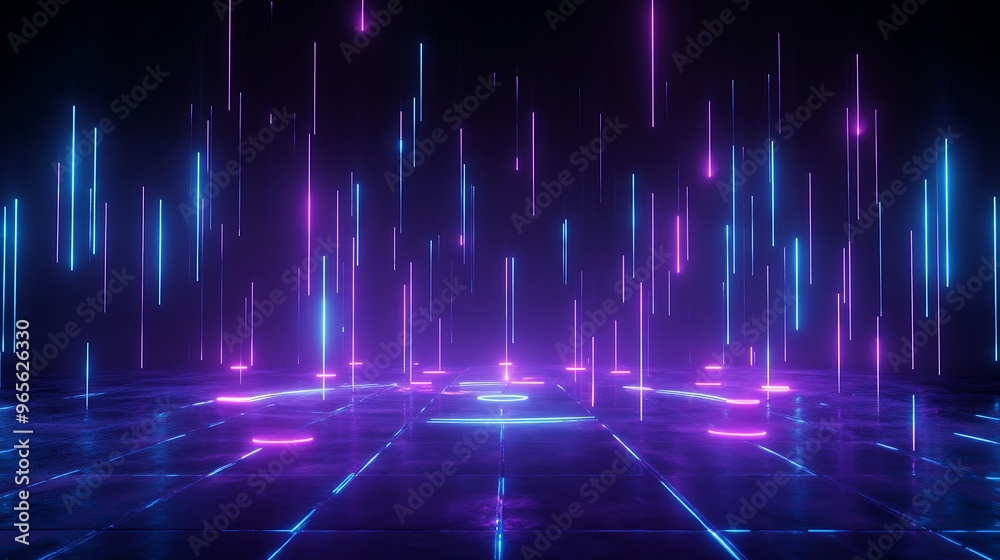 Stunning futuristic landscape featuring glowing lines in vibrant purple and blue colors, perfect for tech and digital themes. Stage for product presentation. Stunning futuristic landscape featuring glowing lines in vibrant purple and blue colors, perfect for tech and digital themes. Stage for product presentation.