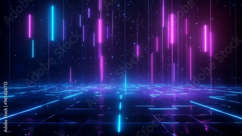 Vibrant abstract background featuring neon lights and geometric patterns, perfect for technology and digital themes. Stage for product presentation.