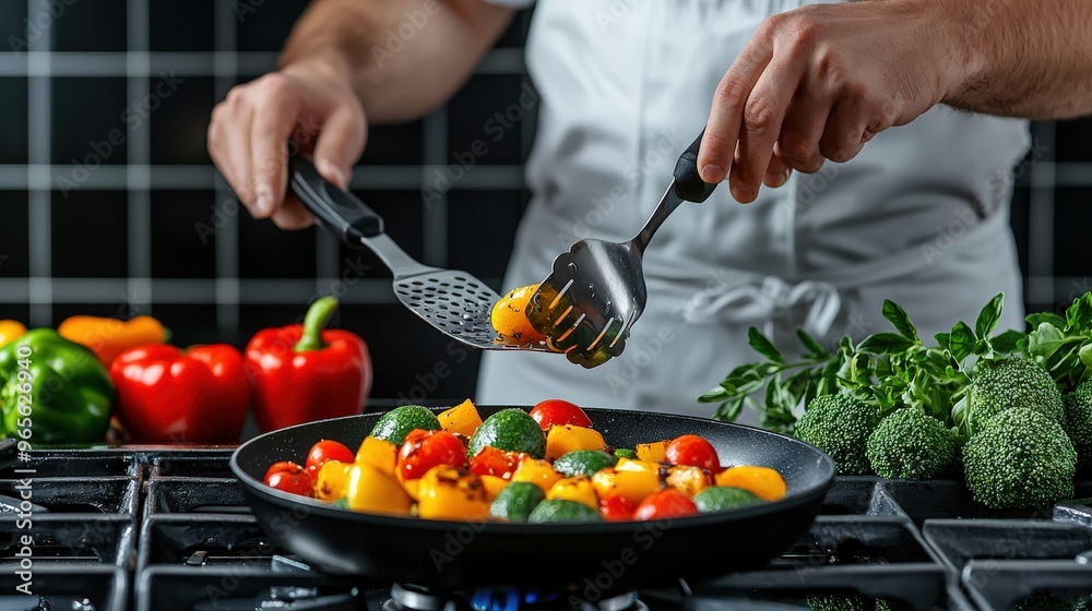 A chef skillfully sauteing colorful vegetables in a frying pan, showcasing culinary art in a modern kitchen. A chef skillfully sauteing colorful vegetables in a frying pan, showcasing culinary art in a modern kitchen.
