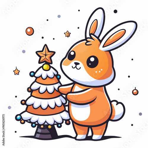 Wallpaper Mural Cute Cartoon Bunny Happily Decorating Small Christmas Tree Against Starry Background Torontodigital.ca