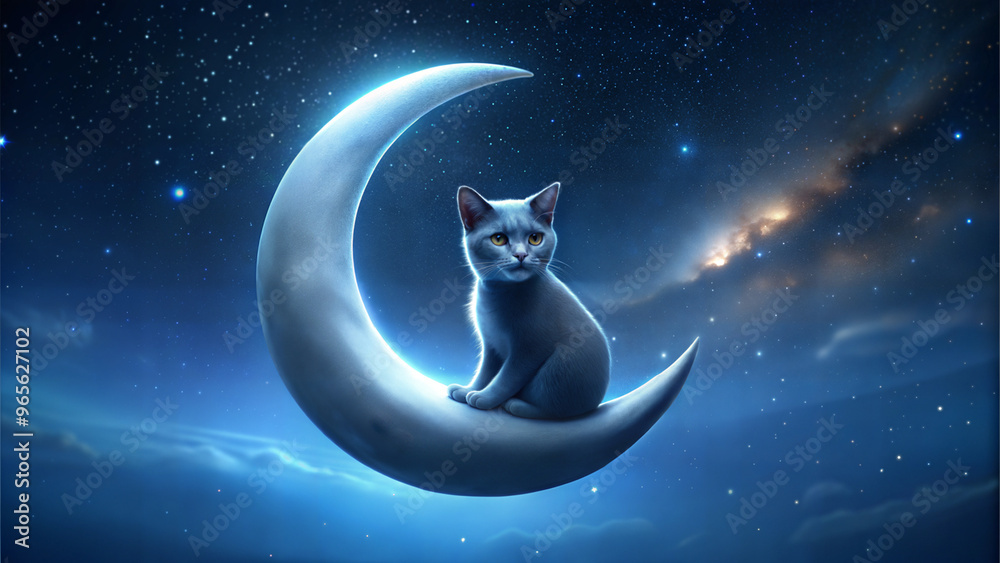 Fototapeta premium Cat sitting on a crescent moon with a serene mood against a starry night sky