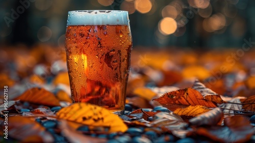 A golden beer glass nestled among colorful autumn leaves during a serene outdoor gathering. Generative AI