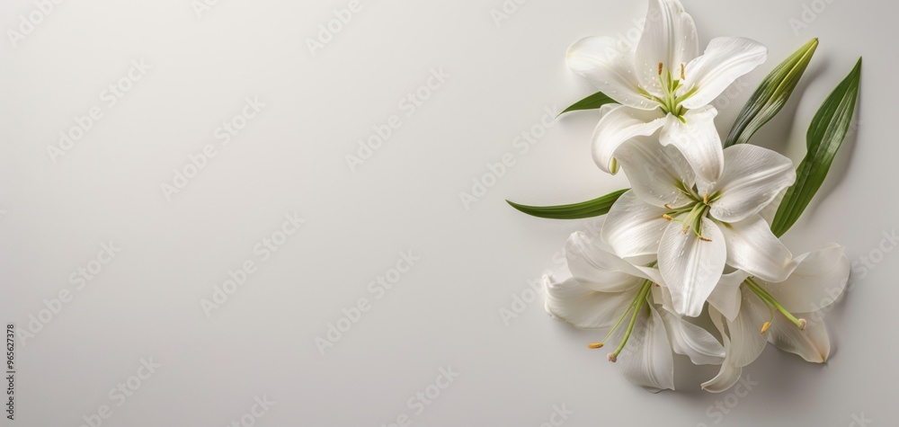 Elegant white lilies arranged gracefully on a soft background, ideal for floral themes, serenity, and beauty. Elegant white lilies arranged gracefully on a soft background, ideal for floral themes, serenity, and beauty.