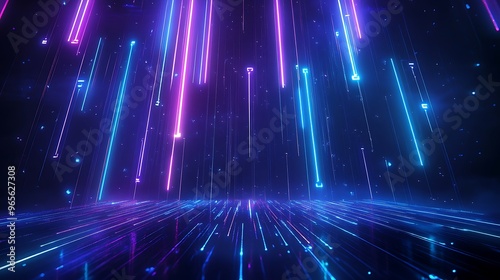 Vibrant abstract light beams in blue and pink colors create a futuristic atmosphere, perfect for technology or digital themes. Stage for product presentation.