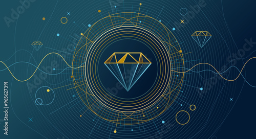 Abstract, minimal background with a big diamond and gems that bring positive energy, space, earth, globe, stars decoration background, desktop wallpaper, illustration, vibrating waves