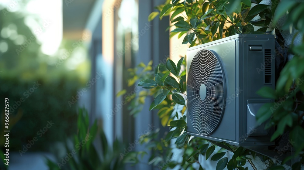 An outdoor air conditioner installed on the side of a modern building ...