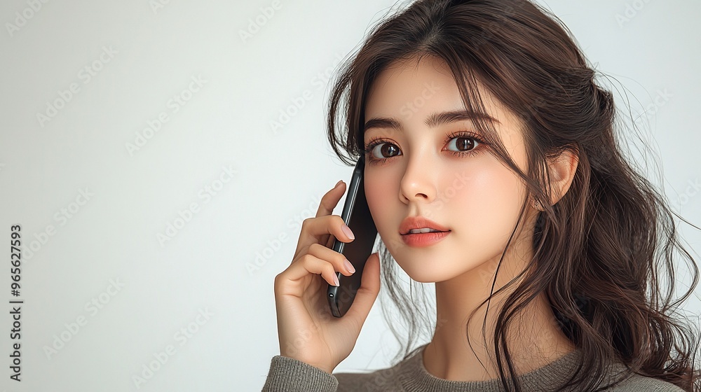Young Woman Holding Smartphone in Casual Attire Against Pastel Background Young Woman Holding Smartphone in Casual Attire Against Pastel Background