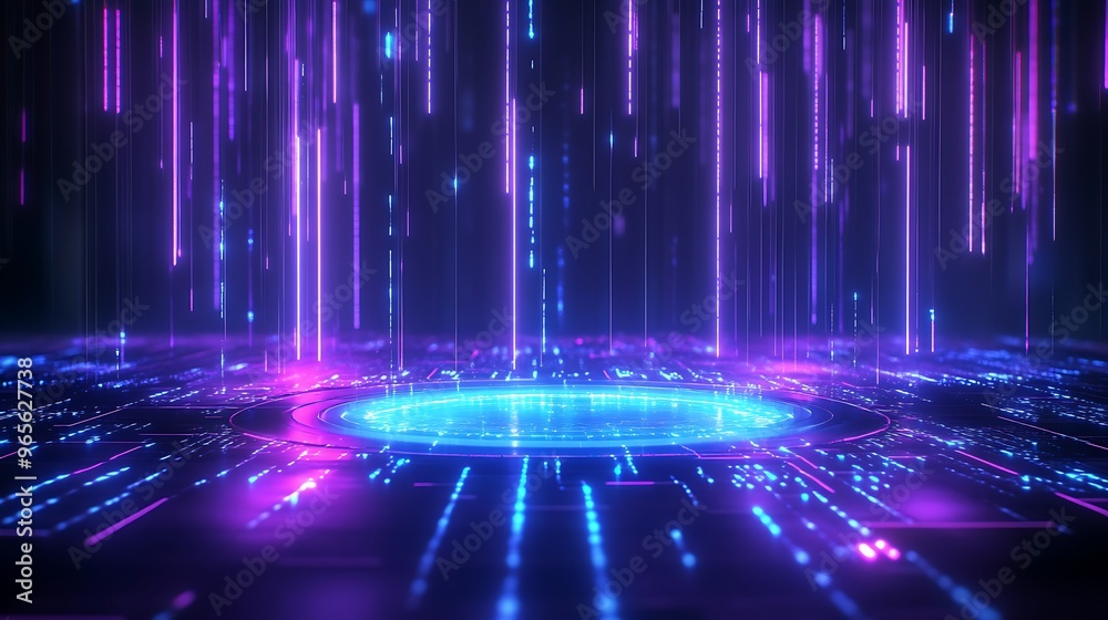 Vibrant digital background featuring neon lights and futuristic patterns, perfect for science fiction or technology themes. Stage for product presentation. Vibrant digital background featuring neon lights and futuristic patterns, perfect for science fiction or technology themes. Stage for product presentation.