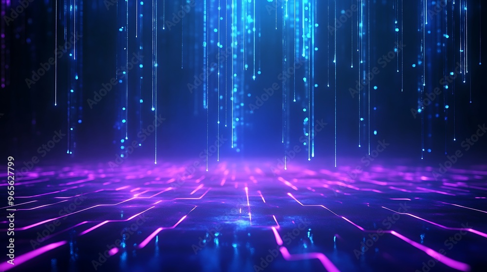 Vibrant digital background with flowing blue and purple lights, creating a futuristic and immersive atmosphere. Stage for product presentation. Vibrant digital background with flowing blue and purple lights, creating a futuristic and immersive atmosphere. Stage for product presentation.