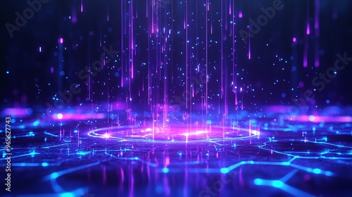 Vibrant digital background featuring purple and blue light streams, creating a futuristic and mesmerizing atmosphere. Stage for product presentation.