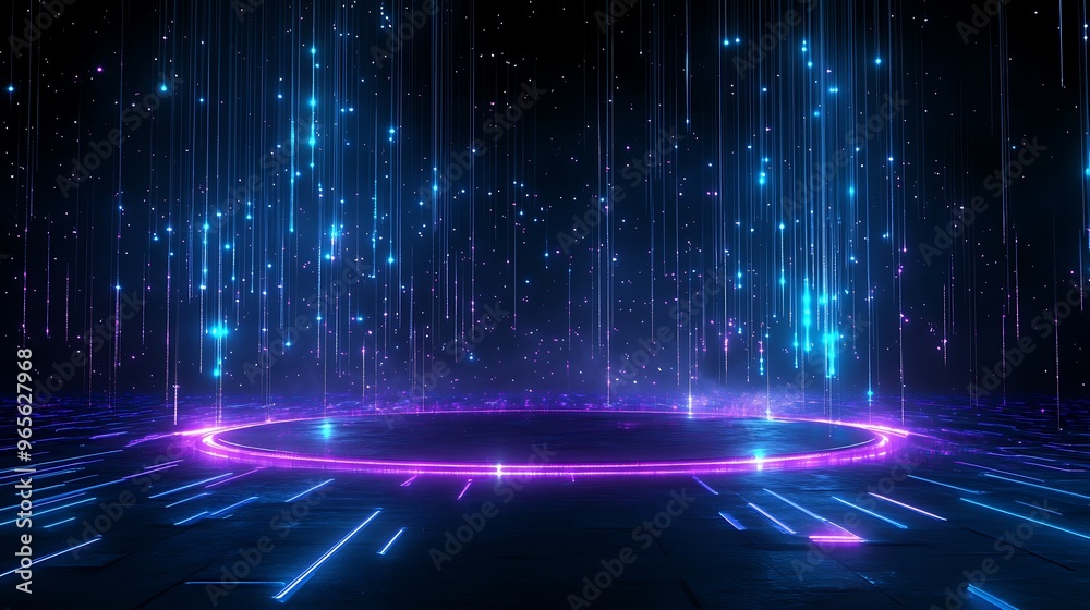 Vibrant digital background with glowing particles and a neon circle, perfect for futuristic themes and tech-related projects. Stage for product presentation. Vibrant digital background with glowing particles and a neon circle, perfect for futuristic themes and tech-related projects. Stage for product presentation.