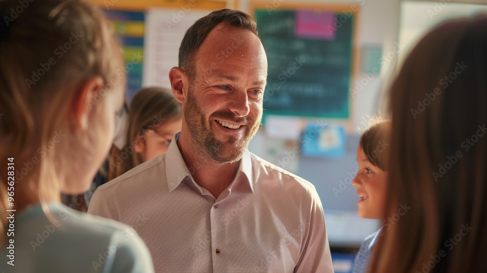 Male teacher standing in a classroom, engaging with students, back to school theme Male teacher standing in a classroom, engaging with students, back to school theme