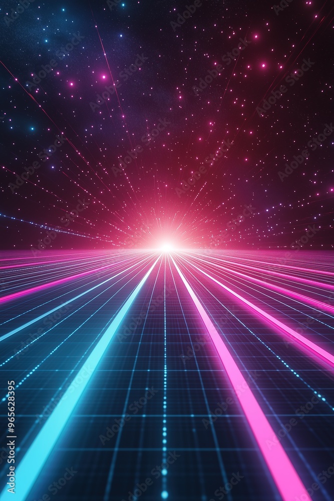 Futuristic 80s Neon Grid with Glowing Pink and Blue Lines Against Starry Sky Background Futuristic 80s Neon Grid with Glowing Pink and Blue Lines Against Starry Sky Background