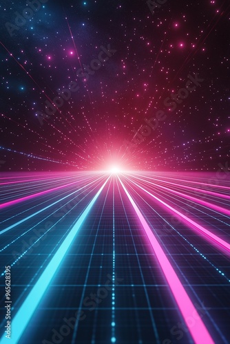  Futuristic 80s Neon Grid with Glowing Pink and Blue Lines Against Starry Sky Background