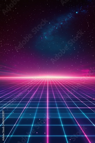  Futuristic 80s Neon Grid with Glowing Pink and Blue Lines Against Starry Sky Background