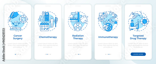 Cancer treatment blue onboarding mobile app screen. Walkthrough 5 steps editable graphic instructions with linear concepts. UI, UX, GUI template. Montserrat SemiBold, Regular fonts used