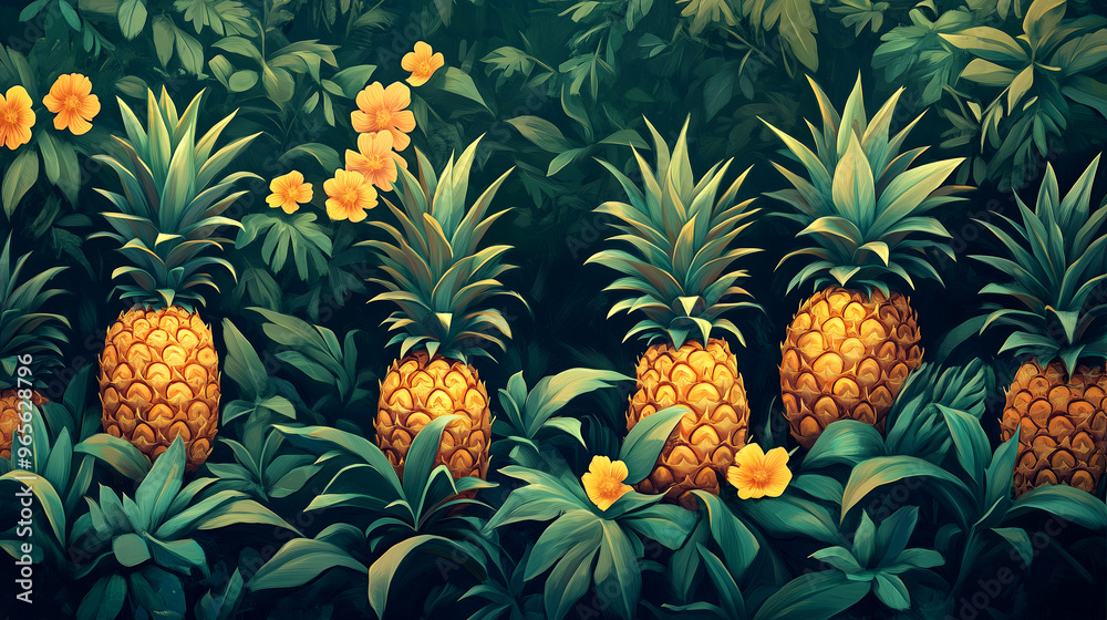 Pineapples Surrounded by Lush Greenery and Tropical Flowers. Generative AI Pineapples Surrounded by Lush Greenery and Tropical Flowers. Generative AI