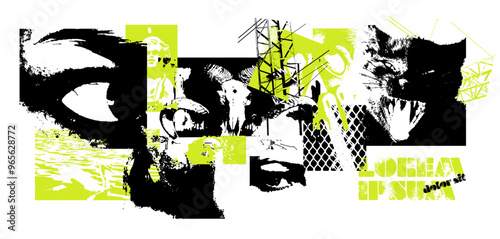 Banner of y2k grunge elements. Eyes and mouth and shapes in grain photocopy texture. Brutal and brutalism punk halftone. Vector pack of vintage graphic with graffitti.