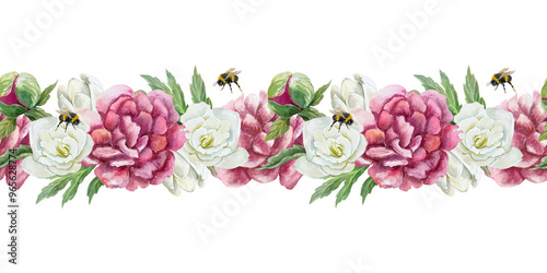 Peonies seamless border with freesia and bumblebee. Hand drawn watercolor illustration isolated on white. For greeting cards, Valentines day, wedding invitations, packaging.