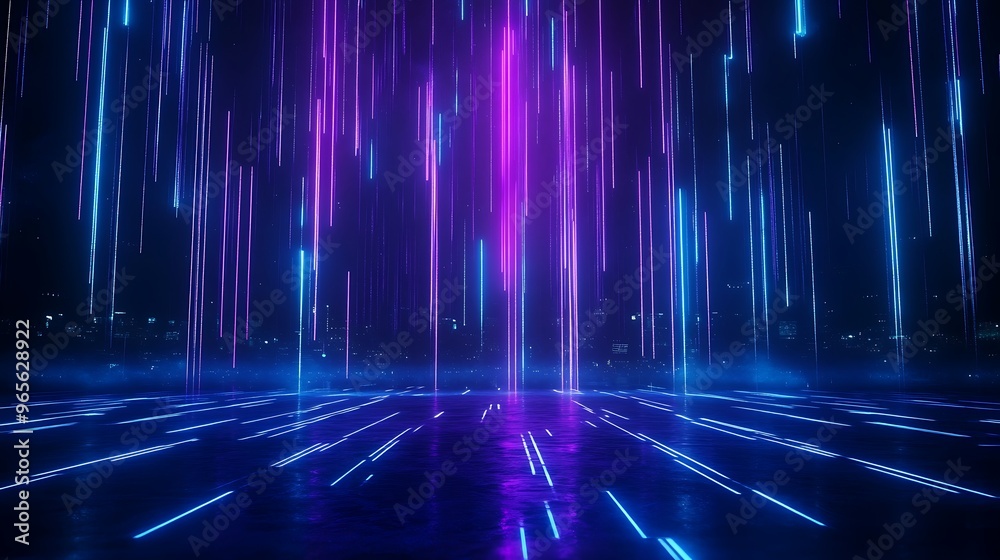 Vibrant display of neon light beams illuminating a reflective surface, creating a futuristic and dynamic atmosphere. Stage for product presentation. Vibrant display of neon light beams illuminating a reflective surface, creating a futuristic and dynamic atmosphere. Stage for product presentation.