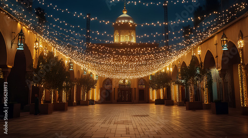 A mosque courtyard with a stunning display of Eid Milad un Nabi on 12 Rabi al Awwal