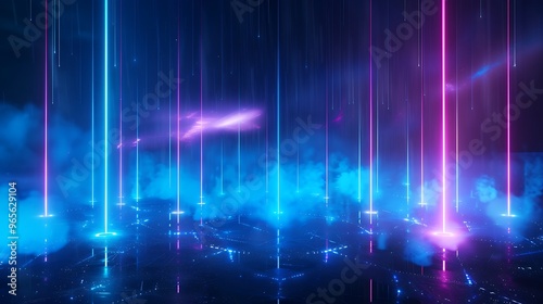 Vibrant futuristic design featuring neon light beams and mist, creating an otherworldly atmosphere perfect for digital projects. Stage for product presentation.