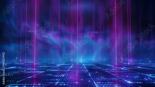 Vibrant futuristic background with neon lights and digital patterns. Perfect for tech, music, or creative projects. Stage for product presentation.