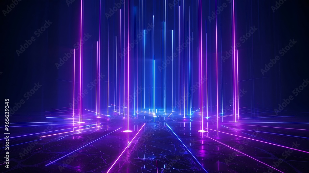 Vibrant laser beams in a futuristic setting, creating a stunning visual effect with colorful lights and dark ambiance. Stage for product presentation. Vibrant laser beams in a futuristic setting, creating a stunning visual effect with colorful lights and dark ambiance. Stage for product presentation.