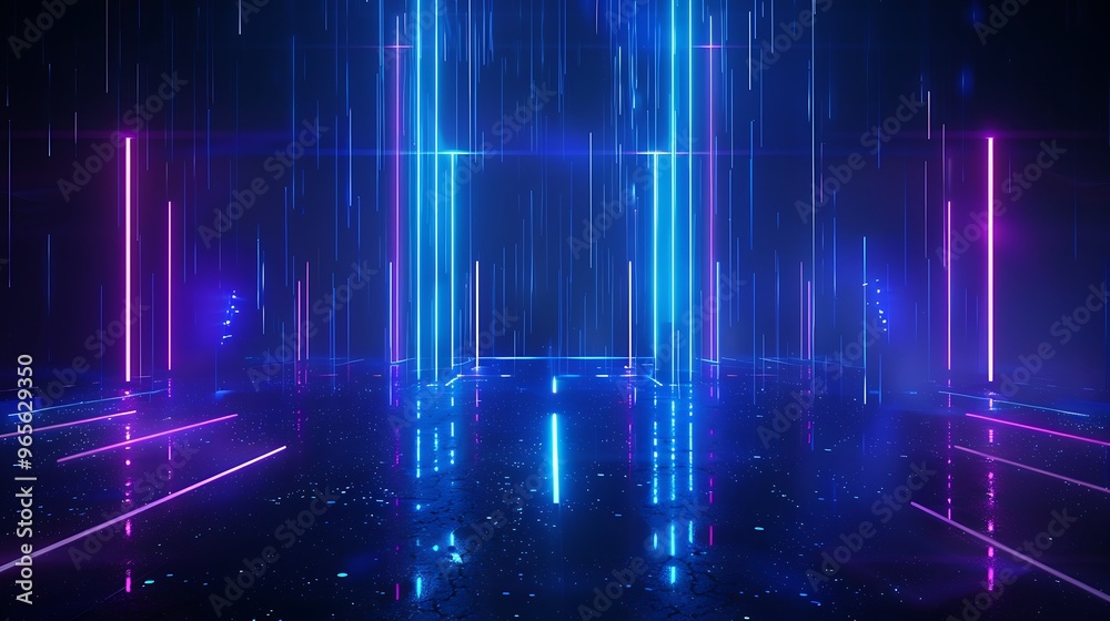 Vibrant futuristic scene with glowing neon lights and a reflective surface, creating a captivating high-tech atmosphere. Stage for product presentation. Vibrant futuristic scene with glowing neon lights and a reflective surface, creating a captivating high-tech atmosphere. Stage for product presentation.
