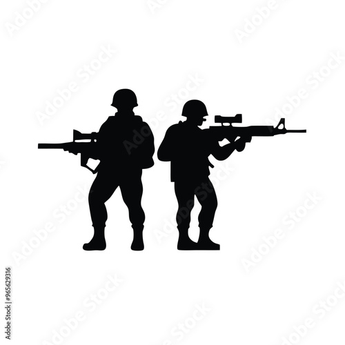 a military army with weapons, usa men soldiers with rifle, vector illustration, Black color silhouette white background