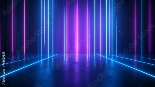Vibrant light beams create a futuristic atmosphere, perfect for showcasing technology or entertainment concepts. Stage for product presentation.