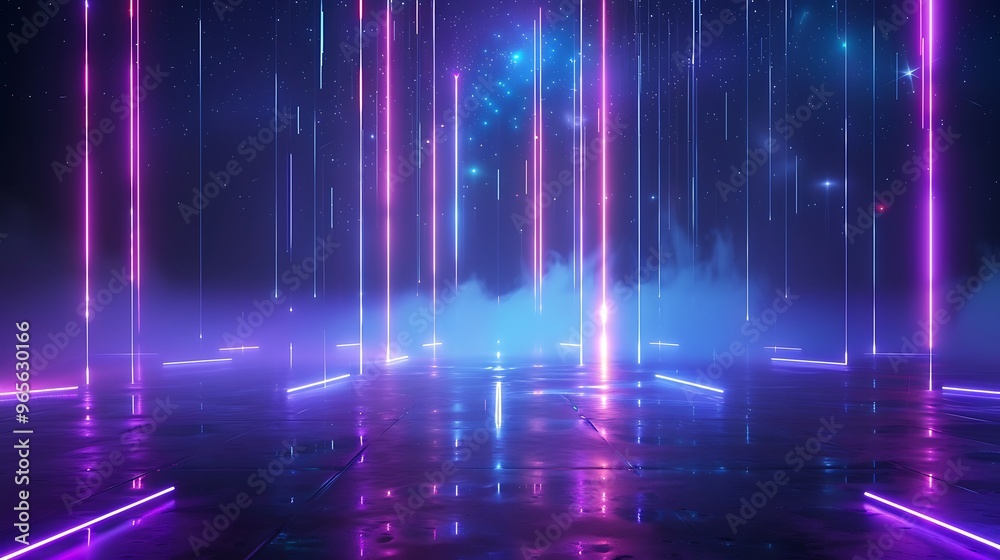 Vibrant neon light beams reflect on a wet surface, creating a futuristic atmosphere perfect for various creative projects. Stage for product presentation. Vibrant neon light beams reflect on a wet surface, creating a futuristic atmosphere perfect for various creative projects. Stage for product presentation.