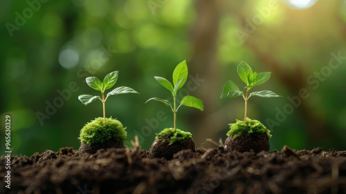 Three young plants sprouting from rich soil, symbolizing growth, renewal, and the beauty of nature in a lush green environment.