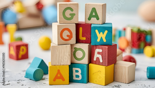 Wooden cubes with letters and baby toys on light background