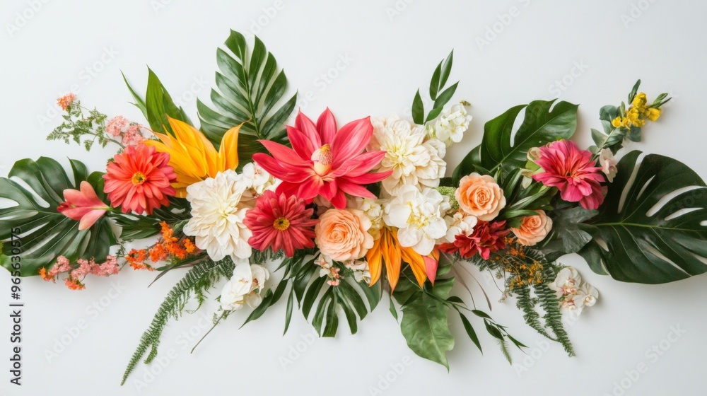A flat lay of a decorative floral arrangement with exotic blooms and greenery, arranged on a light background, emphasizing color contrast and elegance. A flat lay of a decorative floral arrangement with exotic blooms and greenery, arranged on a light background, emphasizing color contrast and elegance.
