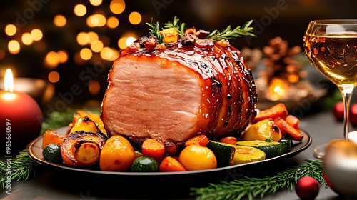 Juicy honeyglazed ham with caramelized edges, served with roasted vegetables, festive and hearty photo