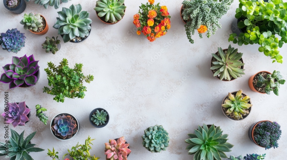 A flat lay of assorted potted plants and succulents with colorful flowers, arranged on a light-colored surface, symbolizing diversity and lush greenery. A flat lay of assorted potted plants and succulents with colorful flowers, arranged on a light-colored surface, symbolizing diversity and lush greenery.