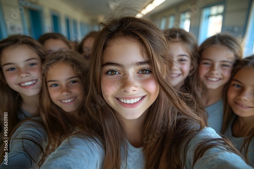 group of cheerful school kids taking a fun selfie in the hallway. friendship and bonding, group selfies, kids with smartphones