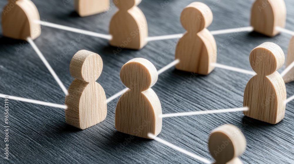 Obraz premium Wooden figures representing people are interconnected by white lines on a neutral grey background, symbolizing collaboration and networking in a professional environment