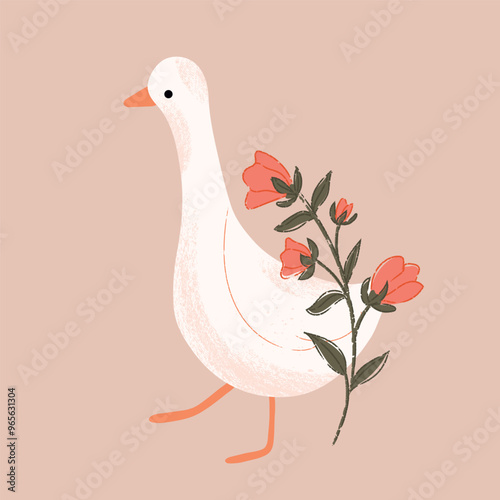 Cute white goose and  flowers. Composition with goose and wildflower. Hand drawn vector illustration.