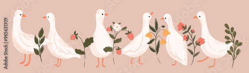 Cute geese and floral seamless border. White goose and wildflower. Hand drawn vector illustration.