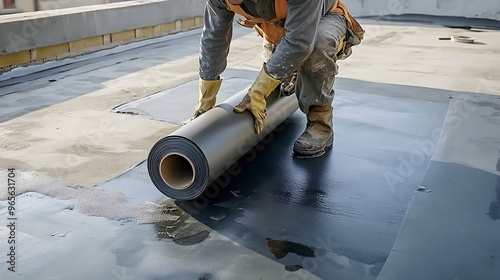 A roofer wearing a safety harness while working on a steep roof, ensuring stability while laying roofing materials. photo