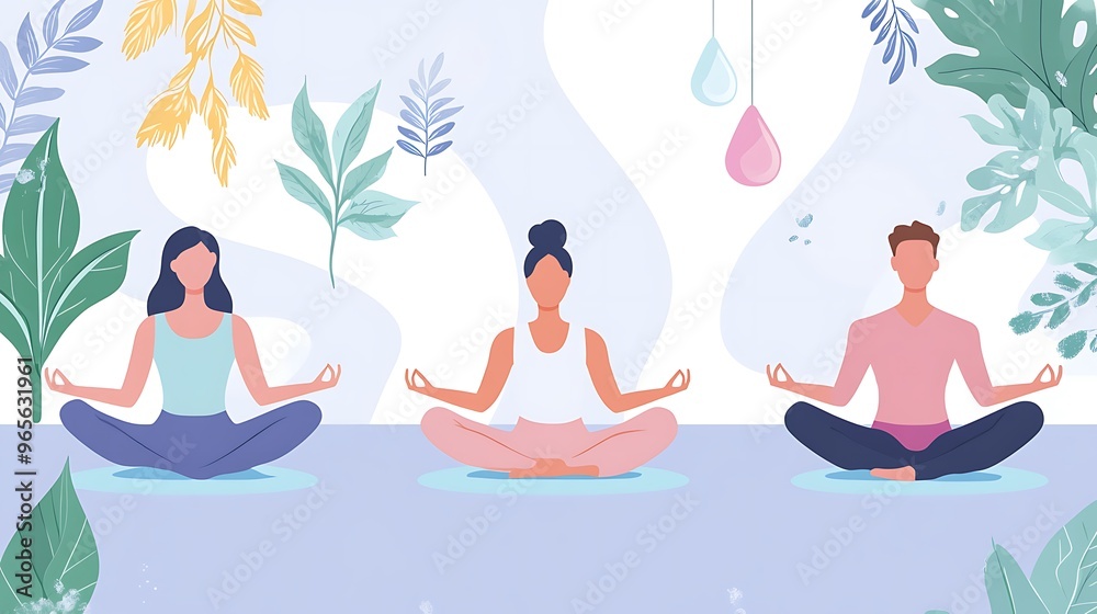 Serene Wellness Scene in Flat Design with People Meditating for Mental Health and Relaxation Serene Wellness Scene in Flat Design with People Meditating for Mental Health and Relaxation
