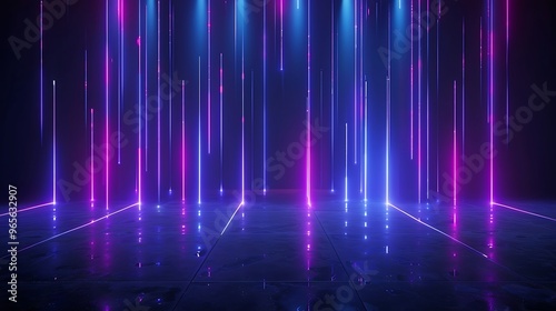 Vibrant neon lights create a stunning backdrop with colorful rays illuminating a mystical floor in a dark space. Stage for product presentation.