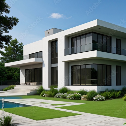 Modern luxury house with a well-manicured lawn..