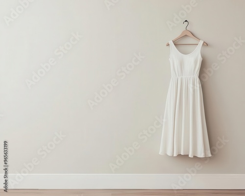 A vintage-style dress on a minimalist hanger, suspended in a soft white space, Minimalist, Neutral tones, Subtle texture