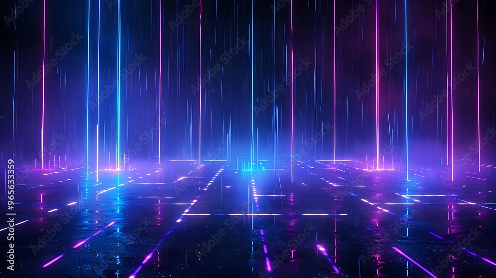 Vibrant neon lights create a surreal atmosphere, illuminating a futuristic digital landscape with glowing stripes and reflections. Stage for product presentation. Vibrant neon lights create a surreal atmosphere, illuminating a futuristic digital landscape with glowing stripes and reflections. Stage for product presentation.