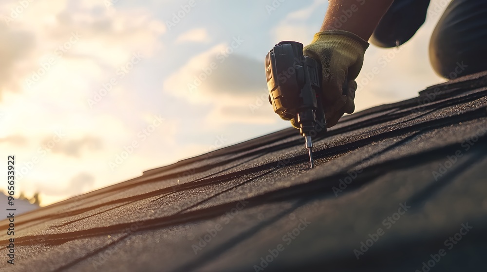 A worker unrolling a waterproofing membrane onto a roof, preparing the surface for shingles. A worker unrolling a waterproofing membrane onto a roof, preparing the surface for shingles.